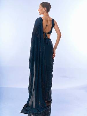 Teal Embellished Chiffon Saree 4