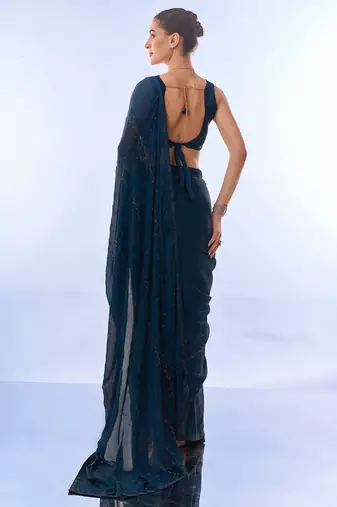 Teal Embellished Chiffon Saree
