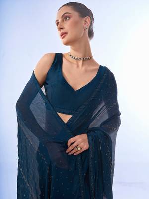 Teal Embellished Chiffon Saree 5