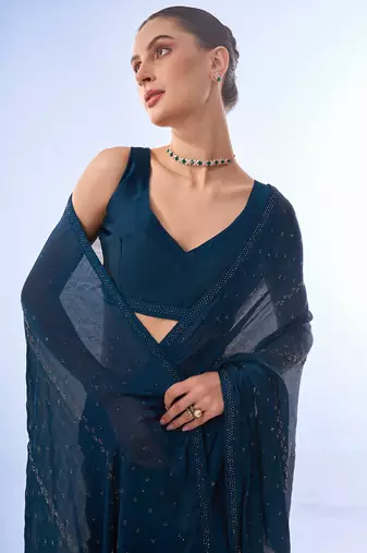 Teal Embellished Chiffon Saree