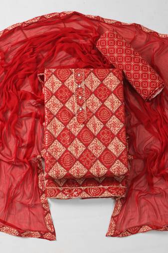 Multicolor cotton khatli work unstitched suit with nazneen dupatta (unstitched 3 piece dress material)