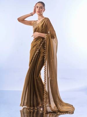 Gold Toned Solid Saree With Sequinned Blousepiece 1