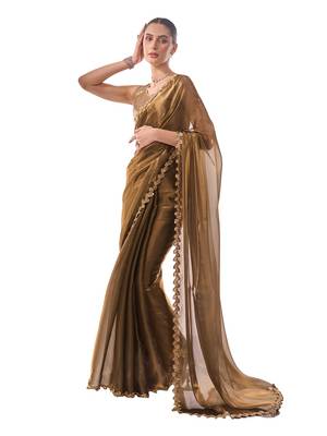 Gold Toned Solid Saree With Sequinned Blousepiece 2