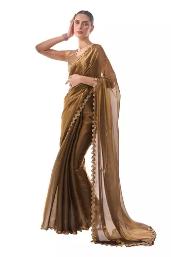 Gold Toned Solid Saree With Sequinned Blousepiece