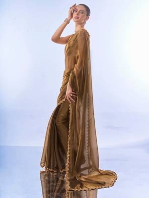 Gold Toned Solid Saree With Sequinned Blousepiece 3