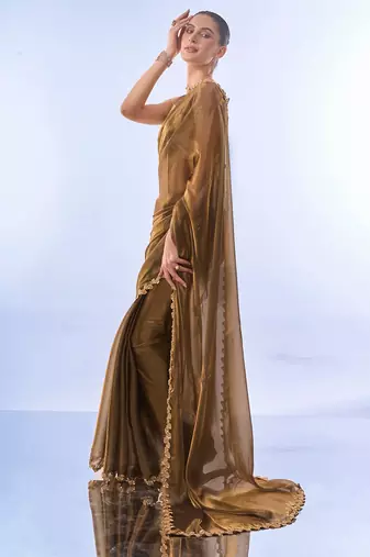 Gold Toned Solid Saree With Sequinned Blousepiece
