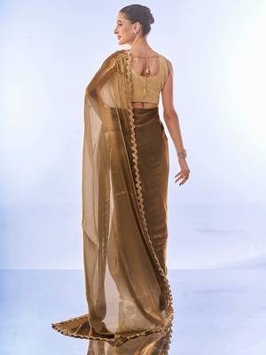 Gold Toned Solid Saree With Sequinned Blousepiece 4