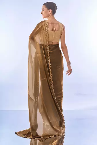 Gold Toned Solid Saree With Sequinned Blousepiece