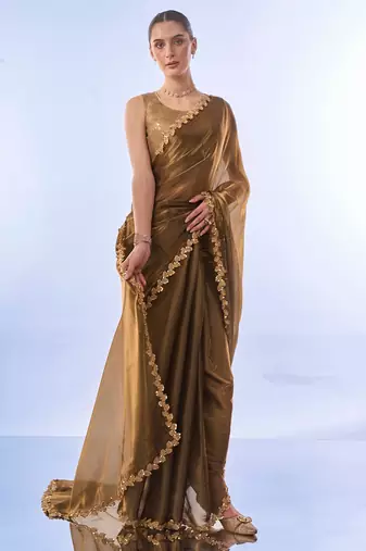 Gold Toned Solid Saree With Sequinned Blousepiece