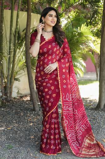 Koram Red Bandhej Silk With Bandhej Border With Zari Weaving Pallu Saree With Blouse For Women 