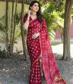 Koram Red Bandhej Silk With Bandhej Border With Zari Weaving Pallu Saree With Blouse For Women 
