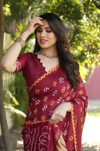 Koram Red Bandhej Silk With Bandhej Border With Zari Weaving Pallu Saree With Blouse For Women 