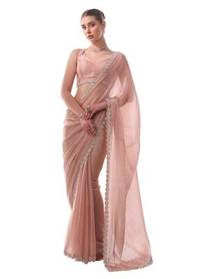Pink Organza Beads and Stones Party Wear Saree with Sleeveless Blouse 2