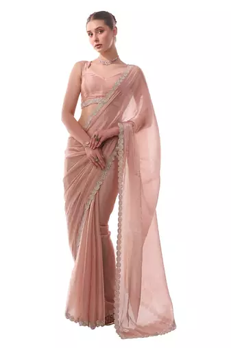 Pink Organza Beads and Stones Party Wear Saree with Sleeveless Blouse