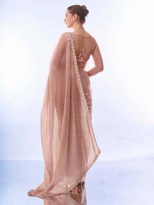 Pink Organza Beads and Stones Party Wear Saree with Sleeveless Blouse 4