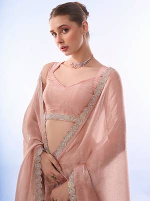 Pink Organza Beads and Stones Party Wear Saree with Sleeveless Blouse 5