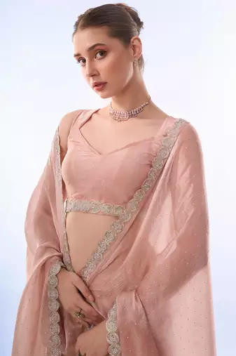Pink Organza Beads and Stones Party Wear Saree with Sleeveless Blouse