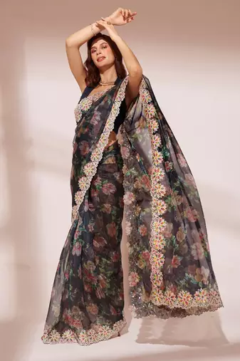 Floral Woven Embellished Tissue Organza Saree