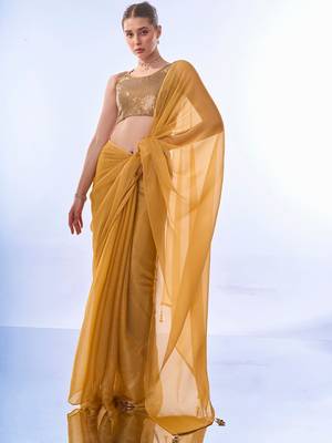 Mustard Solid Shimmer Chiffon Saree 1