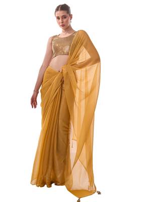 Mustard Solid Shimmer Chiffon Saree 2