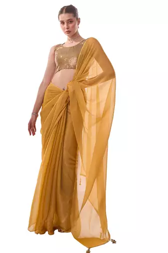 Mustard Solid Shimmer Chiffon Saree