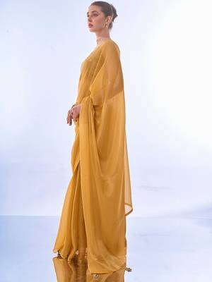 Mustard Solid Shimmer Chiffon Saree 3