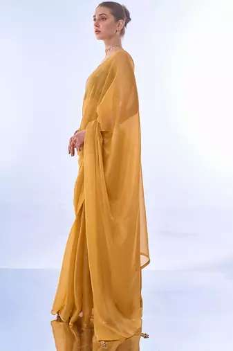 Mustard Solid Shimmer Chiffon Saree