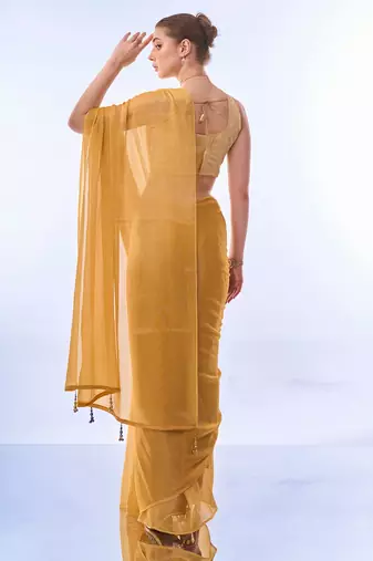 Mustard Solid Shimmer Chiffon Saree