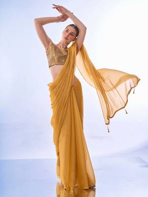 Mustard Solid Shimmer Chiffon Saree 5