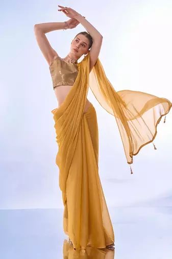 Mustard Solid Shimmer Chiffon Saree
