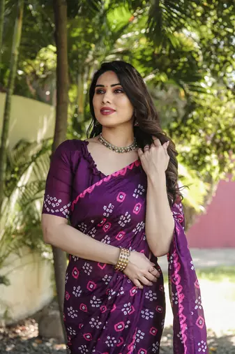 Koram Purple Bandhej Silk With Bandhej Border With Zari Weaving Pallu Saree With Blouse For Women 