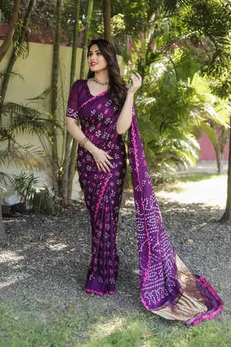 Koram Purple Bandhej Silk With Bandhej Border With Zari Weaving Pallu Saree With Blouse For Women 