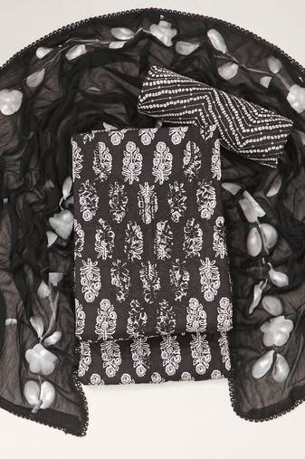 Black cotton embroidery unstitched suit with nazneen dupatta (unstitched 3 piece dress material)