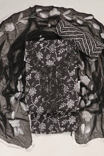 Black cotton embroidery unstitched suit with nazneen dupatta (unstitched 3 piece dress material)