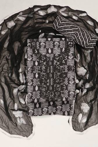Black cotton embroidery unstitched suit with nazneen dupatta (unstitched 3 piece dress material)