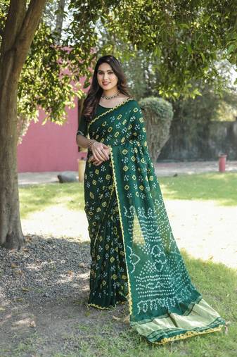 Koram Green Bandhej Silk With Bandhej Border With Zari Weaving Pallu Saree With Blouse For Women 