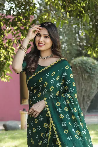 Koram Green Bandhej Silk With Bandhej Border With Zari Weaving Pallu Saree With Blouse For Women 