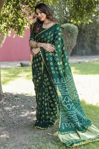 Koram Green Bandhej Silk With Bandhej Border With Zari Weaving Pallu Saree With Blouse For Women 