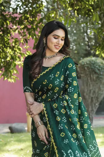 Koram Green Bandhej Silk With Bandhej Border With Zari Weaving Pallu Saree With Blouse For Women 