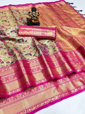 Koram Light Green Pure Kanjivaram Soft Silk Weaving Borders Havy Design Saree With Blouse For Women 1