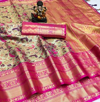 Koram Light Green Pure Kanjivaram Soft Silk Weaving Borders Havy Design Saree With Blouse For Women 2