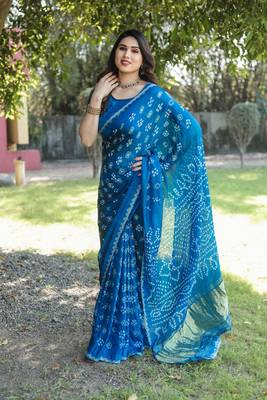 Koram Blue Bandhej Silk With Bandhej Border With Zari Weaving Pallu Saree With Blouse For Women  1