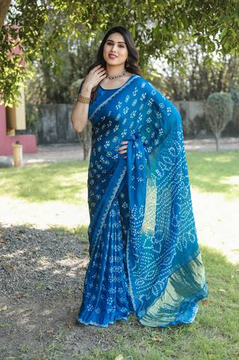 Koram Blue Bandhej Silk With Bandhej Border With Zari Weaving Pallu Saree With Blouse For Women 