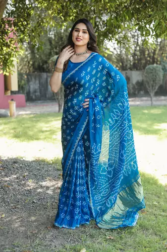 Koram Blue Bandhej Silk With Bandhej Border With Zari Weaving Pallu Saree With Blouse For Women 