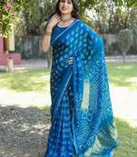 Koram Blue Bandhej Silk With Bandhej Border With Zari Weaving Pallu Saree With Blouse For Women 