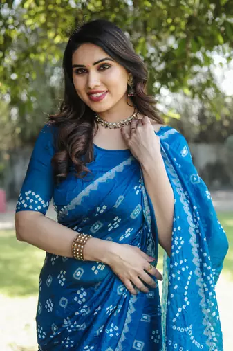 Koram Blue Bandhej Silk With Bandhej Border With Zari Weaving Pallu Saree With Blouse For Women 