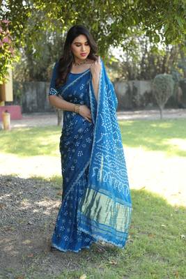 Koram Blue Bandhej Silk With Bandhej Border With Zari Weaving Pallu Saree With Blouse For Women  3