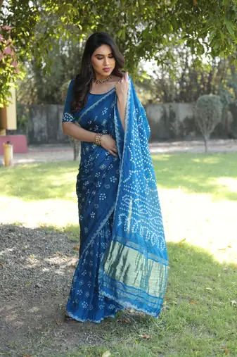 Koram Blue Bandhej Silk With Bandhej Border With Zari Weaving Pallu Saree With Blouse For Women 