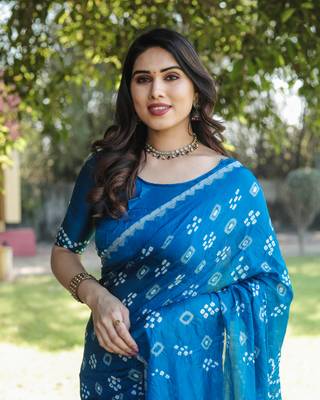 Koram Blue Bandhej Silk With Bandhej Border With Zari Weaving Pallu Saree With Blouse For Women  4