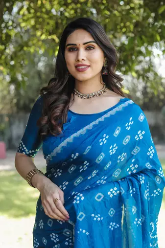 Koram Blue Bandhej Silk With Bandhej Border With Zari Weaving Pallu Saree With Blouse For Women 